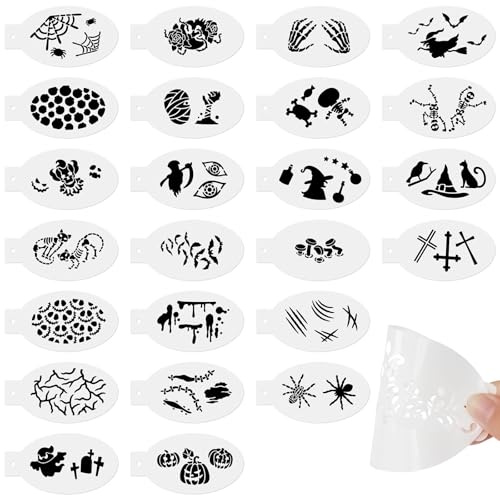 URAQT Tattoo Schablonen Kinder, 24 Blatt Wiederverwendbare Gesichtsfarbe Schablonen Kit, Tattoo Design Werkzeuge für Party Fasching, Karneval, Weihnachten Halloween Maskerade (Halloween-Set）