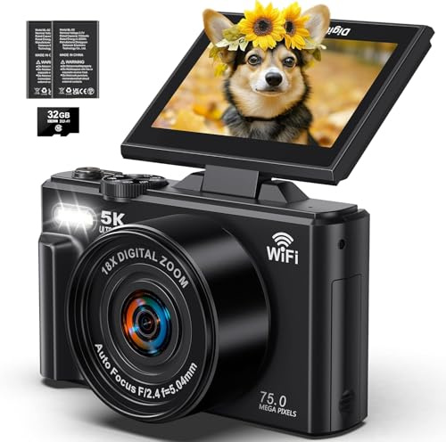 Appareil photo numérique 5K – WiFi 75 MP pour la photographie – Caméra de vlogging UHD pour YouTube avec écran rabattable à 180 ° de 3 pouces – Autofocus Compact Video Travel Camara avec zoom 18x