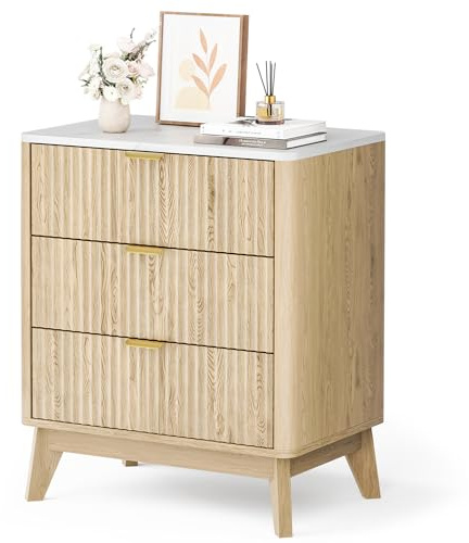 Pamapic Chest of Drawers, Fluted 3 Drawers Dresser for Bedroom, Storage Drawer with Faux Marble Tabletop, Bedroom Cabinet with Gold Handle, Storage Unit for Nursery, Bedroom, Hallway, Living Room