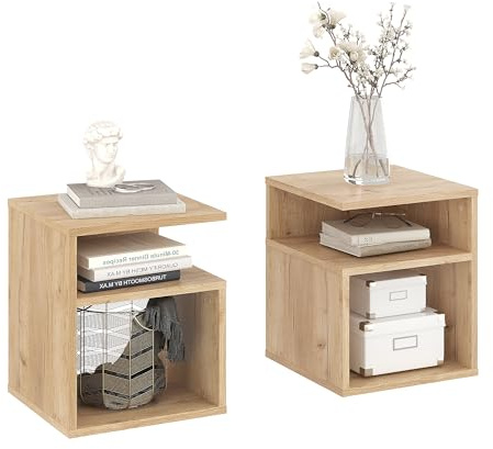 KOMTO Nachttisch 2er Set Honig Eiche – Nachtschrank, Beistelltisch mit 2 offene Fächer, Nachtischschränke für Schlafzimmer, Wohnzimmer | Bedside Table KABA 35 x 35 x 41,5 cm