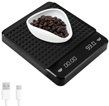 Rechargeable Mini Coffee Scale with Timer, 3kg/0.1g High Precision, Portable Digital Espresso Scale with LED Display&Auto Tarer, Electronic Kitchen Scale for Coffee, Silicone Cove,Touch Sensor, Black