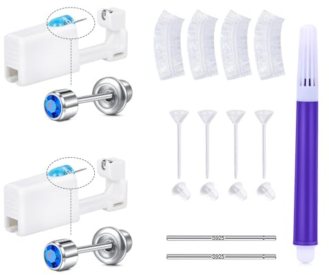 LAURITAMI Set med 2 st enkelbruks öronpiercingpistol, pistol för öronpiercing med färgade CZ-öron på 3 mm/4 mm, steril öronpiercing för hemmabruk, 3 mm, 4 mm, Rostfritt stål