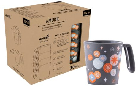 Koziol MUKK Mehrwegbecher, wiederverwendbar, stapelbar, spülmaschinenfest, Glühweinbecher für Weihnachtsmärkte, 30er Set, max. Füllmenge 260 ml, Eichstrich bei 200 ml, Nature Ash Grey