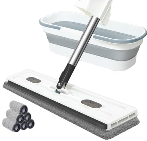NiuLumea Mopa plana grande con cabezal giratorio de 360 grados, mango ajustable de acero inoxidable para azulejos, madera dura y ventanas, juego de limpieza fácil de usar