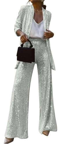 JIAALU Damen Pailletten Anzug GlitzeranzugHosenanzüge Für Damen Zweiteiliger Blazer und Hose Elegant Zweiteiler Glitzer Revers Festlich Blazern Hose Paillettenblazer Elegant Slim 2-teiliges