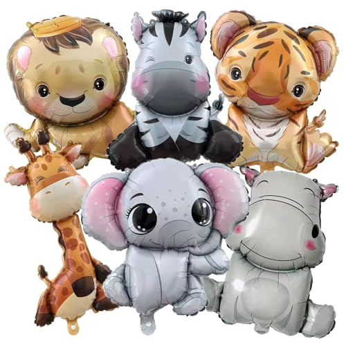 6 Stück Folienballon Tiere,Dschungel tier luftballons,Helium Ballons Tiere, 3D Riesiger Löwe, Zebra, Tiger, Giraffe, Elefant, Nilpferd, Perfekt für Dschungelparty Dekoration Kindergeburtstage