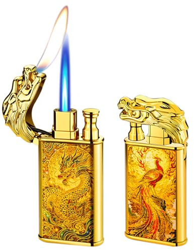 Dual Flame Dragon Torch Lighter - Switchable Jet & Soft Flame, Windproof Adjustable Flame, Refillable Butane Lighter for Gift, Kitchen, Camping, Candle (Gas Not Included)-Gold