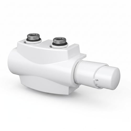 Multiblock Thermostatventil-Set Weiß | Mittelanschluss 50 mm | Weiß | Hahnblock mit Thermostatkopf für Badheizkörper, Handtuchheizkörper & Wandheizkörper | Eck- & Durchgangsanschluss G½