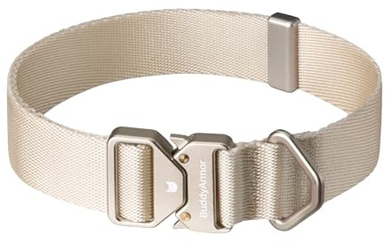 BuddyArmor Leichtes Hundehalsband aus Aluminiumlegierung, Robustes Nylon Halsband für Mittelgroße & Große Hunde, Schnellverschluss, Alu D-Ring, Verstellbar, Outdoor & Alltag (Beige, L)