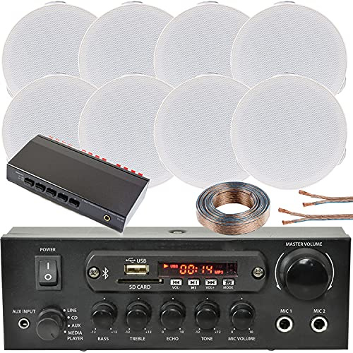 Kit Musique Plafond Bluetooth 4 Zones - Amplificateur Stéréo 110W & 8 Enceintes HiFi Low Profile Flush - Système Son Stéréo Sans Fil - Maison & Cuisine Multi Zoning Audio | Restaurant & Pub