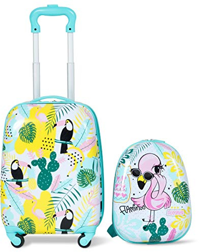 COSTWAY Set di Valigia per Bambini, 16 Valigia+ 12 Zaino, 2 Pezzi, con Ruote Girevoli a 360° e Maniglia Retrattile, Ideale per Viaggiare in Modo Comodo e Divertente