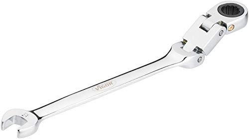 Vigor V6752-8 - Llave combinada (doble articulación, mecanismo de carraca dentado fino en el lado del anillo), color plateado