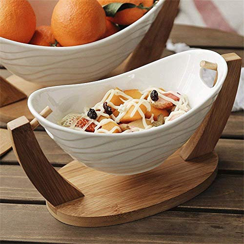 AILZNN Creativo Tazón De Frutas con Soporte De Bambú, Cuna Ensaladera Postre De Frutas Snack Bowl Vajilla De Cerámica Blanco,White-32cm(12.8inch)