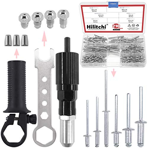 Hilitchi Professional Rivet Gun Adapter Kit with 210Pcs M3 M4 M5 Aluminum Assorted Rivets, 4Pcs Different Matching Nozzle Bolts, Wrench and Clamping Fixture for Cordless Drill, Sheet Metal Work