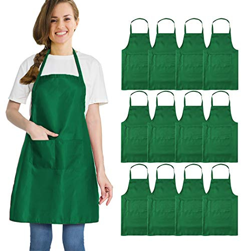 multifuns 12 Stück grüne Schürzen Bulk Wassertropfen beständig für Damen Herren Küche Kochen Grillen Schürzen mit 2 Taschen (61 x 71,1 cm, grün)