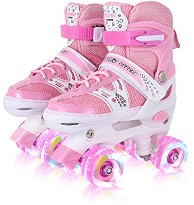 Adjustable Roller Skates for Girls & Kids, 4 Sizes, All Wheels Light Up, Fun Illuminating, Beginner-Friendly, Small(12J-2), Pink