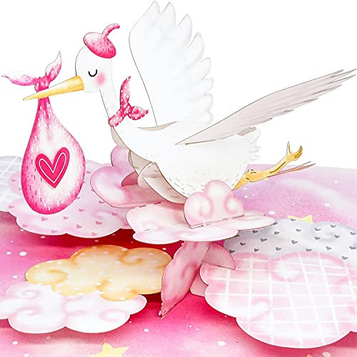 Liebessa 3D Pop Up Karte Gratulation zur Mädchen-Geburt (Baby), Glückwunschkarte zur Tochter, Geburtskarte zur Mädchengeburt, Handgemachte 3D Babykarte Rosa-Storch