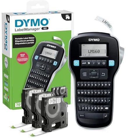 DYMO LabelManager 160 Label Maker Bundle with 3 D1 Label Cassettes, Portable Handheld, QWERTY Keyboard, One-Touch Smart Keys, Large Display, Home & Office Organization
