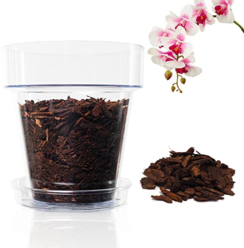 Kalapanta Kit per Rinvasare Le Orchidee, 2 Vasi Trasparenti Ø 16cm con Fori Drenaggio, 2 Sottovasi Ø 14cm, Terriccio per Orchidee Biologico da 2L, Professionale Specifico
