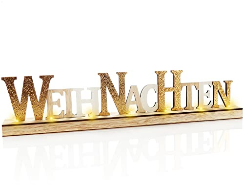 com-four® LED Deko Aufsteller aus Holz - beleuchteter Schriftzug auf Holzsockel - Deko-Schriftzug zum Hinstellen für Weihnachten - Stimmungslicht mit Timer