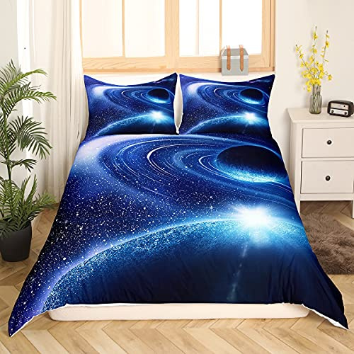 Bettwäsche-Set, bedruckt, Galaxie, blau, 3D-Universum, Bettbezug 200 x 200 cm, Weltraum, Sternenhimmel, Bettwäsche, Kinder, Bettwäsche aus Mikrofaser, Set mit 2 Kissenbezügen