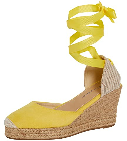 Lora Dora Dam Espadrille kil sandaler dam rem hessiska kilar sommarskor ankel knytning ben remmar, Citrongul, 38 EU