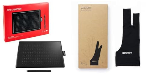 Wacom One By Wacom Medium Tavoletta Grafica Con Penna, ‎‎Nero/Rosso, 20.6 x 28.9 x 3.5 cm, 440 grammi & Guanto da Disegno su un Display Grafico, per Destrimani e Mancini, Nero (ACK4472501Z)