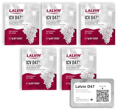 Lalvin Weinhefe D47 (5 PK) - Verkauft von CAPYBARA Distributors Inc. | Für Wein, Cider, Met und Kombucha zu Hause, 5-g-Beutel, Saccharomyces cerevisiae