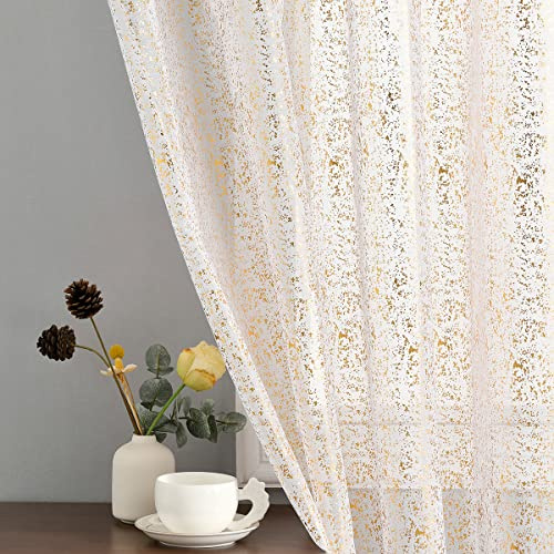 TERLYTEX Tende velate bianche e dorate, 213 cm di lunghezza, per soggiorno, con tasca per asta, per la privacy, 132 x 213 cm, 2 pannelli, oro e bianco