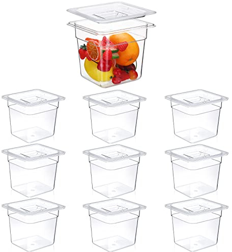 Sieral 10 Pcs 1/6 Size Food Pan with Lids, Clear Square, 6 Inch, 2 Quart | Polycarbonate Storage for Restaurant Prep, Salad Bar, Ingredient Portioning, Commercial Kitchen, Stackable Design