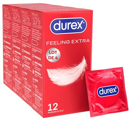 Durex Préservatifs Feeling Extra - 12 Préservatifs Homme Fins et Extra Lubrifiés (48 Préservatifs)