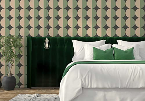 New Walls Carta da parati retrò anni '70, verde, beige, motivo circolare, vintage, soggiorno, 10,05 x 0,53 m