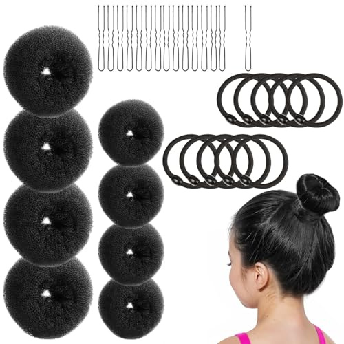 FENGCHUANG 8 Stück Donut Hair Bun Maker Set mit 10 elastischen Haarband mit 15 U-Form Haarspange Haarnadel, Dutt Hilfe Hochsteckfrisuren Zubehör für Frisur Tänzer Kinder Mädchen Frauen (Schwarz)