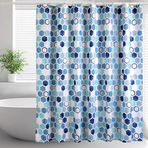 Lkw Ogechi Stylischer Polyester Duschvorhang mit Beschwertem Saum, 200/220/240cm Tropfen Blau Wasserdicht Badezimmervorhang mit Hexagon Muster, Waschbar Anti-schimmel Duschvorhang (200X200cm)