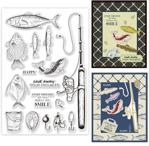 ORIGACH Fishing Theme Clear Stamps for Card Making Fishing Rod and Fish Transparent Silicone Stamps for DIY Scrapbooking Journaling Photo Album Crafts Suppplies