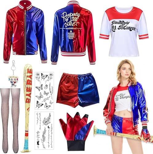 Sunshine smile Bösewicht Kostüm Kit enthalten Jacke T-Shirt,Shorts und Handschuh Ballon Stick,Strümpfe Bundlefor Karneval Cosplay