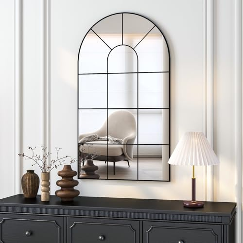 NEUWEABY Espejo de Pared arqueado, 105 x 60 cm Espejo Decorativo con Ventana arqueada para Montar en la Pared, Marco Negro Espejos con Ventana Espejo rústico arqueado para salón, Dormitorio, Entrada