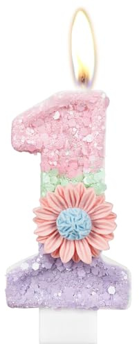 Number 1 Birthday Candles, Macaron 3D Number Candles for Cake Topper with Flower, 1st Birthday Candles Girls Women Sweet Theme Birthday Party Wedding Anniversary Celebration Supplies