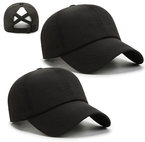 FUIPVGI 2 Stücke Baseball Caps Damen, Sonnenhut Mit Zopfloch, Pferdeschwanz Baseballkappe Einstellbare Schnell Trocknende Masche Atmungsaktiv Basecap Kappe Damen Mädchen(Schwarz)
