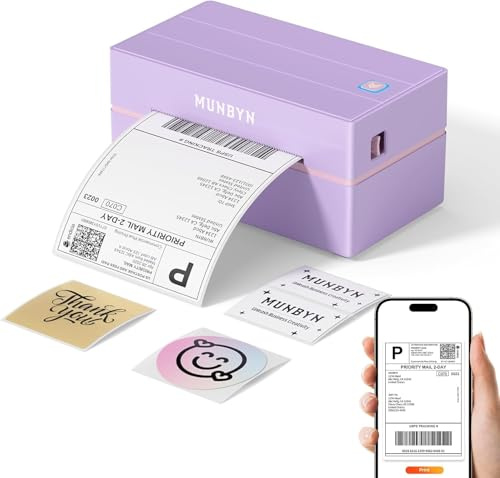 MUNBYN Shipping Label Printer Bluetooth, Postage Thermal Label Printer 4x6 for Business, Compatible with Etsy, Shopify, eBay, Amazon, Royal Mail, DHL, DPD, Evri, with 25 Labels, 130B, Purple