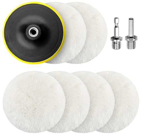 Kisvic Disco de pulido, 6 unidades de 125 mm, accesorio de pulido, amoladora angular, almohadilla de pulido de lana con 6 ángulos y adaptador redondo para taladro, amoladora angular, herramienta de