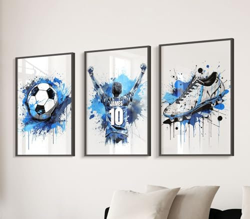 Personalised Football Wall Art Prints Personalised Football Prints Boys Bedroom Decor, Kid Bedroom Football Decor, Football Shirt Name Print (A4, Blue)