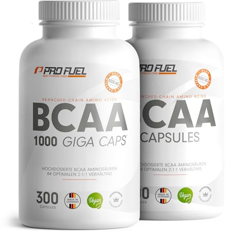 BCAA Kapseln 600x vegan - hochdosiert mit 8000 mg BCAA im optimalen 2:1:1 Verhältnis - Giga-Caps mit 1000 mg B.C.A.A. - essentielle Aminosäuren Leucin, Isoleucin & Valin - 2x300 Kapseln