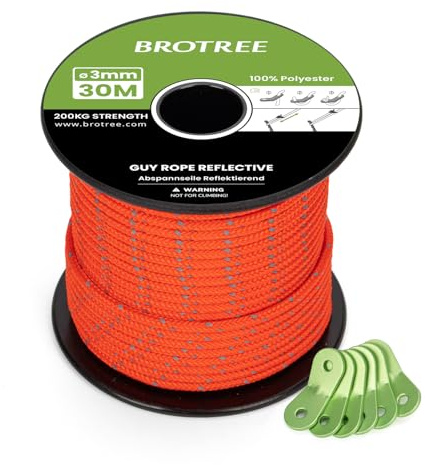 Brotree Cuerda Tienda Campaña Reflectante 3mm 30m Cuerda Tensora con 6 x Tensores de Cuerda para Tienda, Toldo, Camping (Reflectante Naranja Neón)