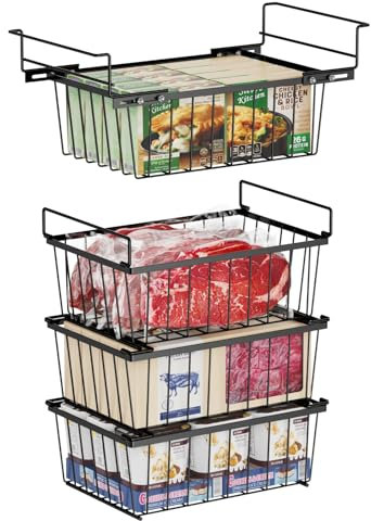 iSPECLE Chest Freezer Baskets - 3 Pcs Stackable Organizer Bins and 1 Pcs Hanging Bins for 142L Chest Freezer, Easy Get Food with Handles, Add Space and Air Circulation for Better Freshness, Black