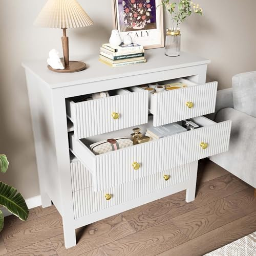 KOMHTOM Commode de Salon de Chambre Blanche avec 5 tiroirs Meuble tiroir Rangement avec poignées dorées Meubles de Salon, de Cuisine et de Chambre à Coucher (Blanc)
