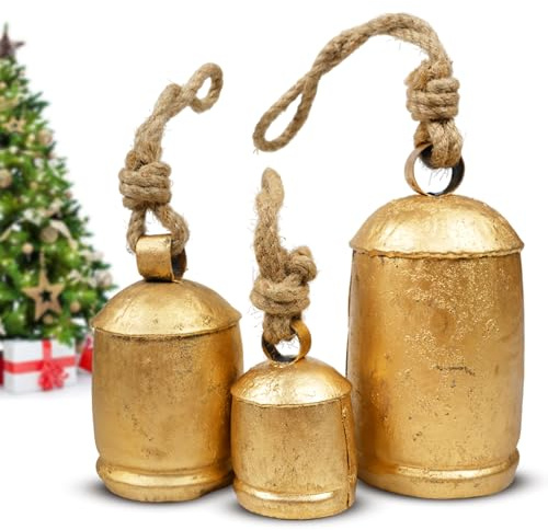 Set of 3 Giant Harmony Rustic Gold Christmas Bells for Decoration - Perfect for Cow Bell, Door Hanging, Staircase, Wall (Large)