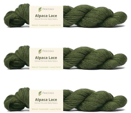 PASCUALI Alpaca Lace |Strickwolle aus 100% Alpakawolle, Alpaka Wolle zum Stricken und Häkeln, SET: 3 Stränge - 150g, Farbe:Olive 37