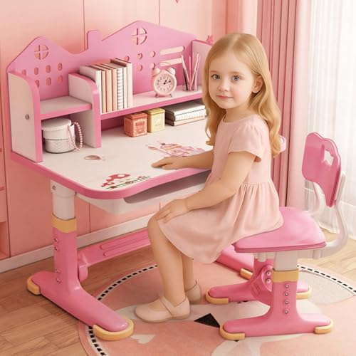 reukmuuc Ergonomischer Kinder Arbeitsschreibtisch und Stuhl Set, höhenverstellbarer Kinder Schultisch mit Aufbewahrungs-Trennwand, Buchständer, Trennwandaufbewahrung, Fußpedal, für Alter 3-18 Jahre,