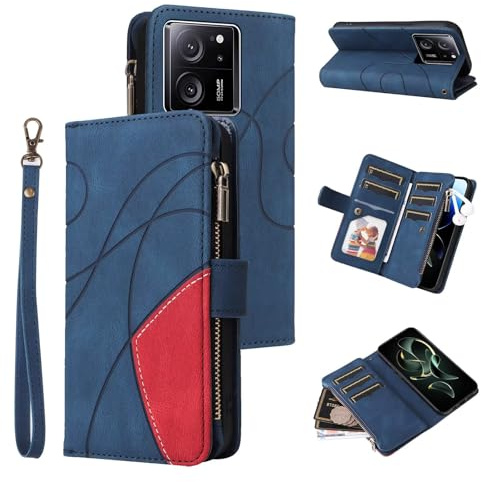 TQmchun Kompatibel mit Hülle Xiaomi 13T/13T Pro/Redmi K60 Ultra, Retro Reißverschluss Handytasche,9 Kartenfäche Leder Geldbörse Stoßfest Flip Case mit Handschlaufe Magnetverschluss Wallet– Blau